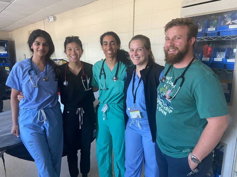 Responding to Rolling Fork to treat storm victims, were, from left, fourth-year SOM students Hina Qureshi, Jessica Tran, Yasmeen Abdo, Alex Fratesi and Dax Bushway.