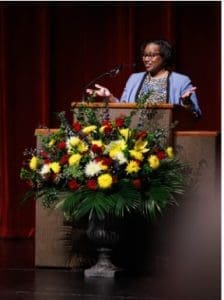 Dr. Loretta Jackson-Williams, vice dean for medical education, tells attendees more about the Match Day process.