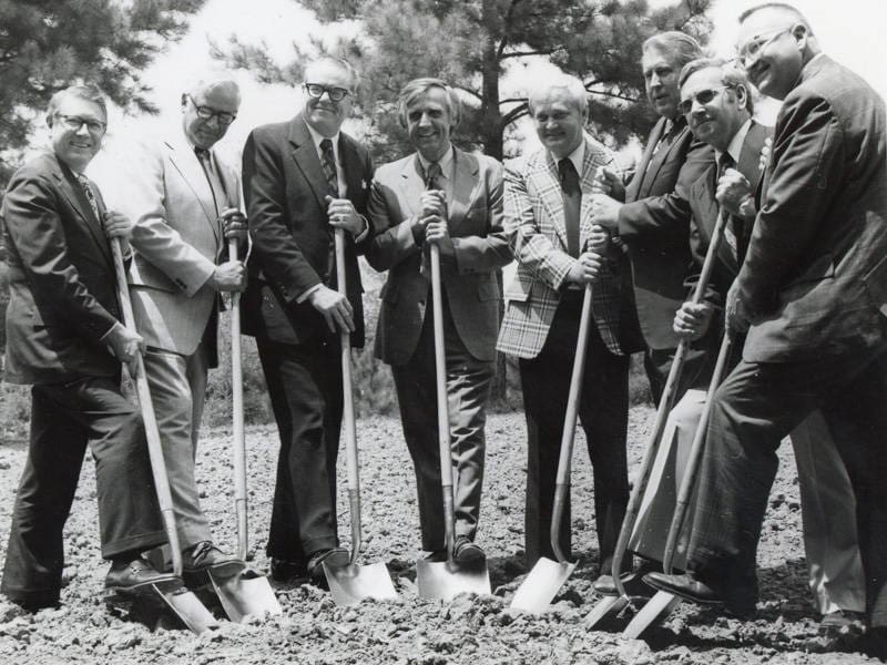 Officials break ground on the original School of Dentistry Building including, from left, Dr. Porter Fortune, University of Mississippi chancellor; Russell C. Davis, mayor of Jackson; Dr. Marshall Fortenberry, representative for the American Dental Association Council on Dental Education; Rep. Billy R. Gibson of Bruce Construction; Gov. William L. Waller; J.L. (Pete) McGee, president of the Hinds County Board of Supervisors, Dr. Norman Nelson, UMMC vice chancellor.