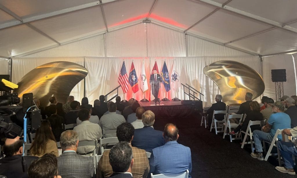 Dan Rediger, FMD President of Power and Propulsion, addresses the crowd gathered for the October 20, 2026 groundbreaking in Pascagoula (Photo by Frank Corder | Magnolia Tribune)